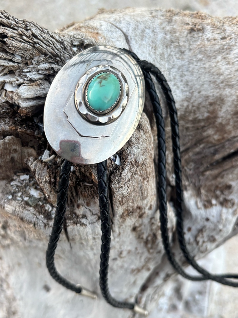 Vintage Western Bolo Tie Faux Turquoise Cabochon Silver Tone Cowboy Southwestern